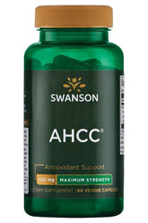Swanson AHCC supplement bottle with 60 veggie capsules for antioxidant support and immune health.